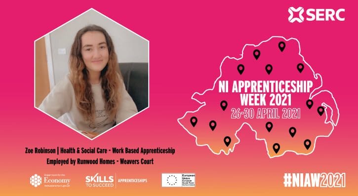 Zoe Robinson, 17, from Cookstown, is currently studying Level 2/3 Health and Social Care as a work-based Apprentice with Runwood Homes - Weaver’s Court in the town. 